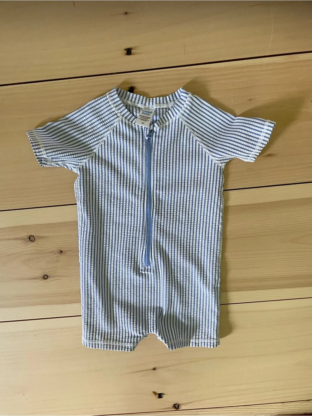Rugged Butts Short-Sleeve Blue Stripe Kids One-Piece Swimsuit - Zipper Front